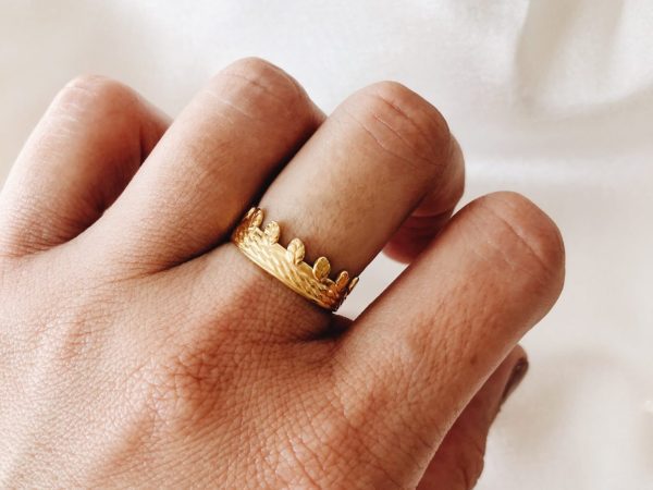 Anel em Aço Dourado Ajustável com Folhas Pequeninas
