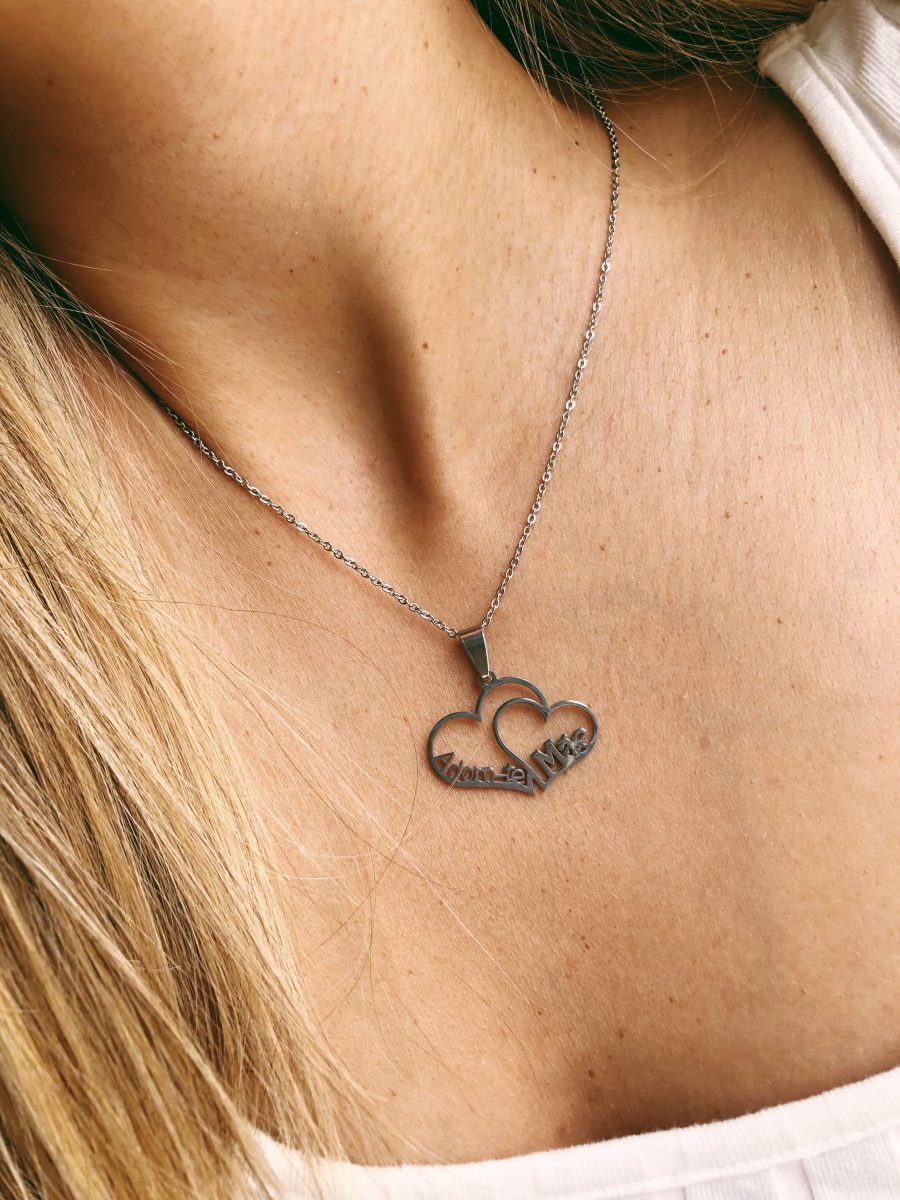 Colar em Aço Prateado Adoro-te Mãe em 2 Corações