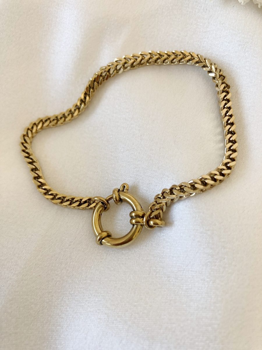 Pulseira sem Aço Douradas com Malha Quadrada e Fecho Circular