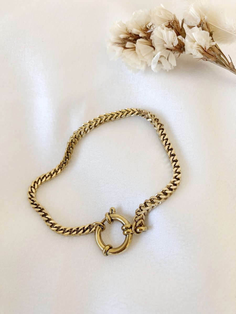 Pulseira sem Aço Douradas com Malha Quadrada e Fecho Circular