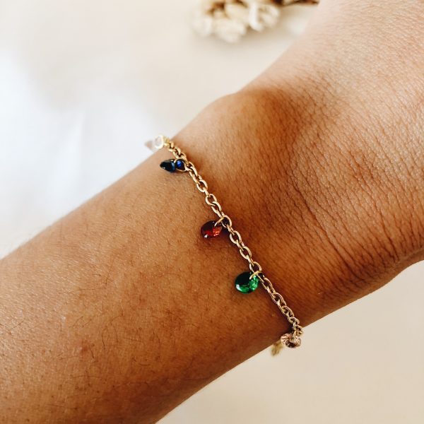 Pulseira sem Aço Douradas com Pedras Coloridas