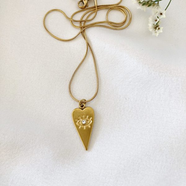 Colar em Aço Dourado com Pendente Coração com Olho Brilhante
