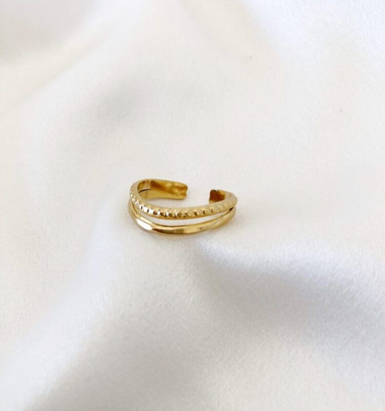 Anel em Aço Dourado Duplo com Bolinhas e Liso Ajustável