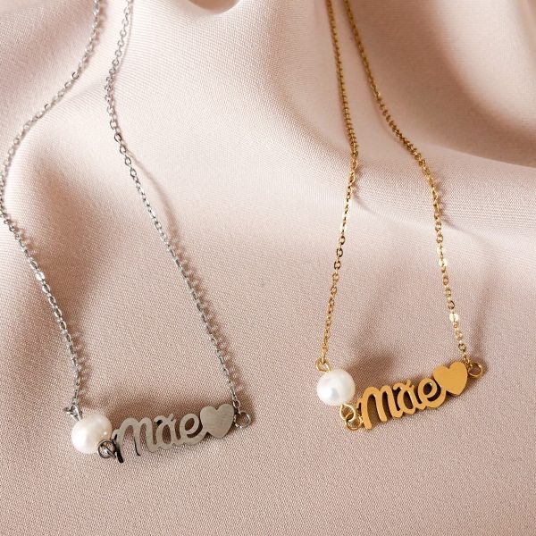 Colar em Aço Dourado e Prateado Mãe com Coração e Pérola