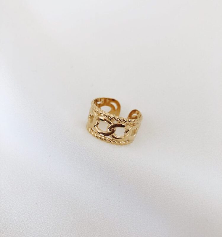 Anel em Aço Dourado com Malha Alta e Entrelaçado