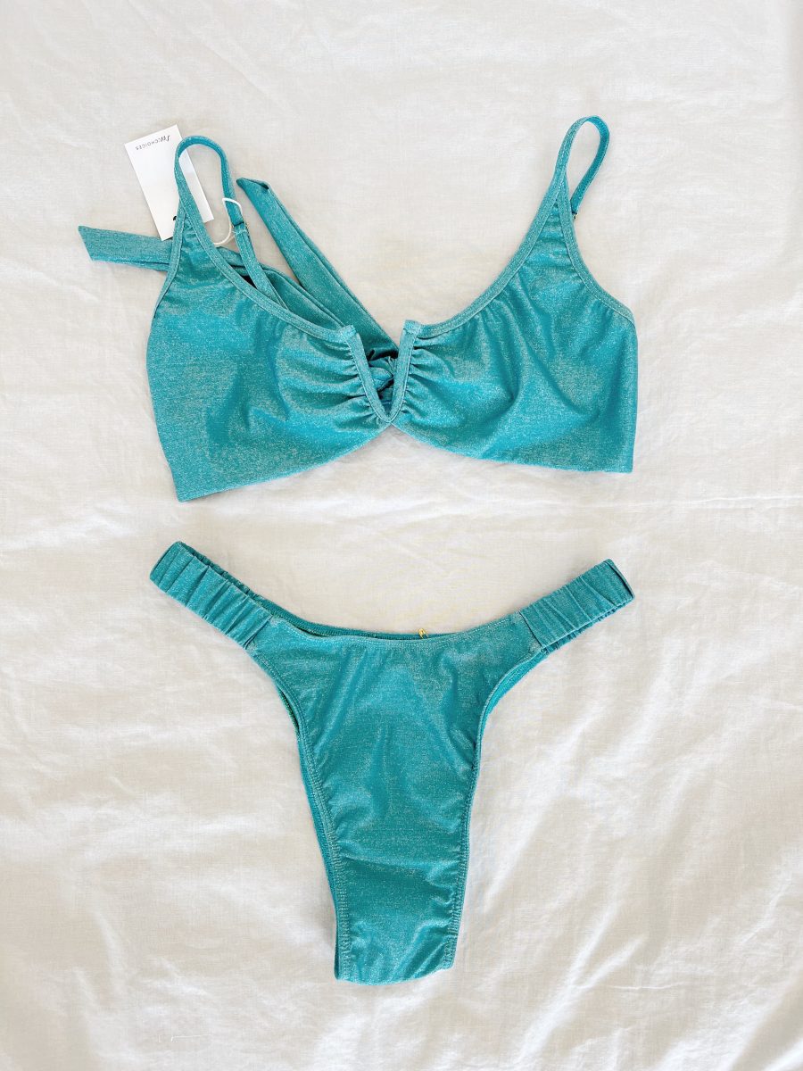 Biquini Azul Brilhante em V com Cueca com Franzida