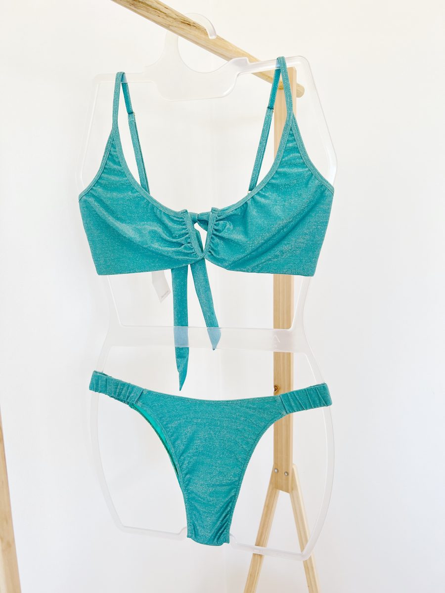 Biquini Azul Brilhante em V com Cueca com Franzida