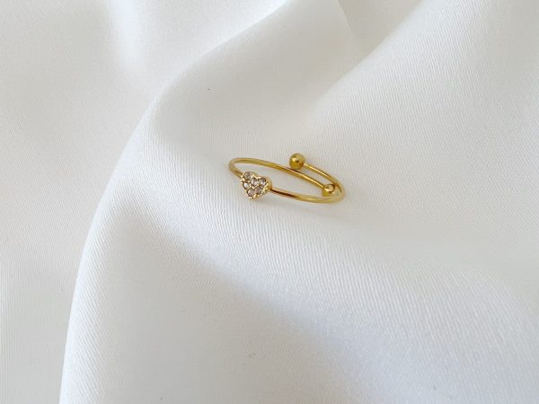 Anel em Aço Dourado Coração com Zircónias