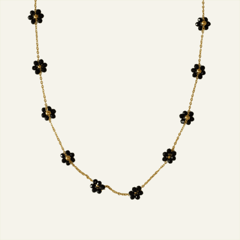 Colar em Aço Dourado com Margaridas Pretas