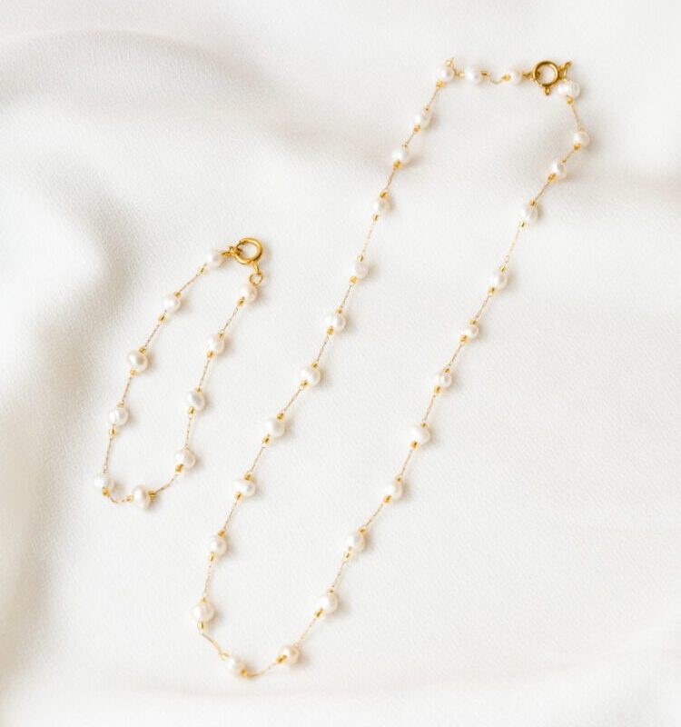 Conjunto em Aço Colar e Pulseira com Pérolas de Água Doce